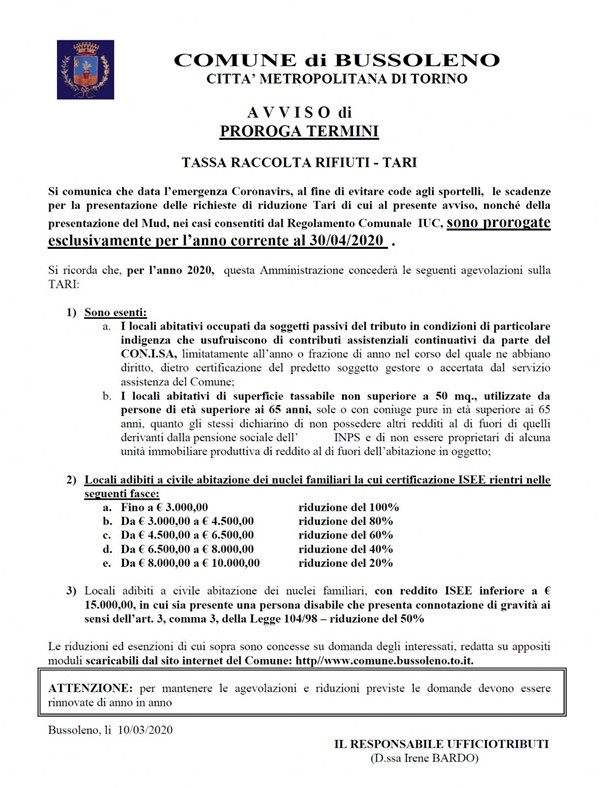 AGEVOLAZIONI TASSA RACCOLTA RIFIUTI 2020