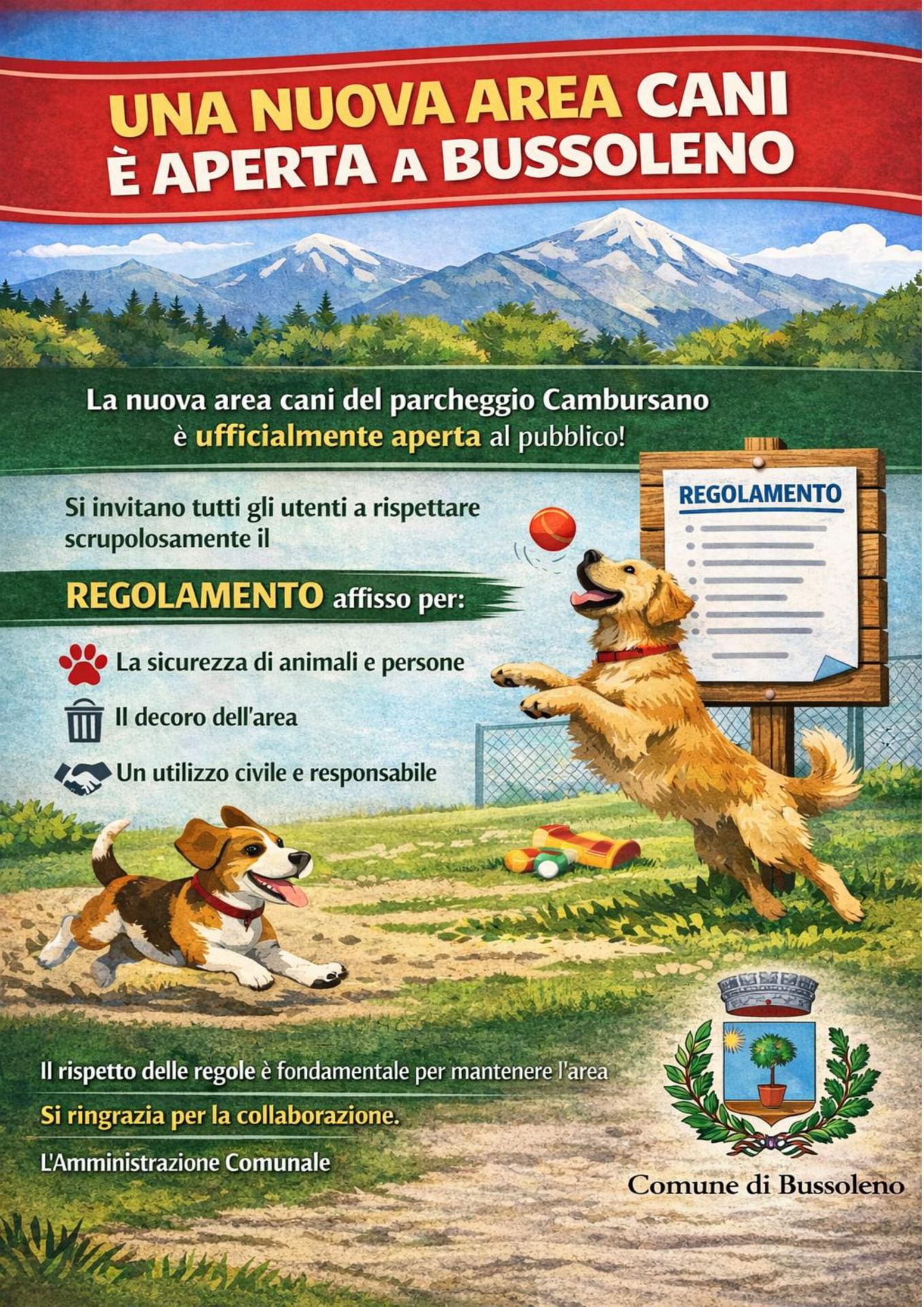 manifesto che raffigura du cani che giocano con le indicazioni del rispetto del regolamento dell'area
